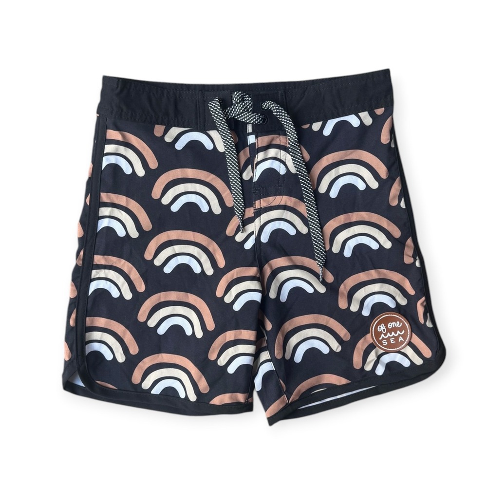 Of One Sea Kids Black Rainbow Recycled Ocean Plastic Board Shorts Size 9/10